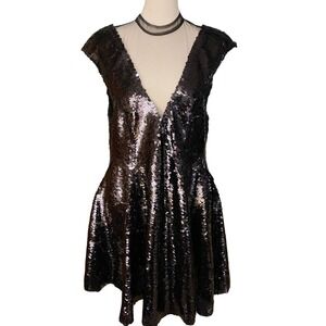 Free People Womens Black Combo Dance Til Dawn Sequin Dress V Neck Cap Sleeve M